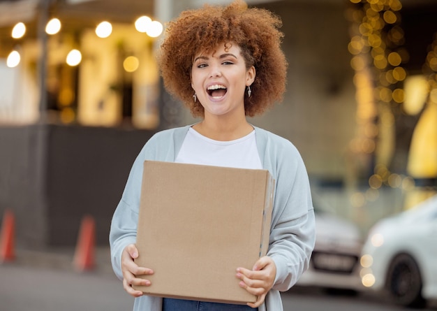 happy box delivery with portrait black woman city ecommerce logistics supply chain gift online shopping sale with customer package shipping product post 590464 138020